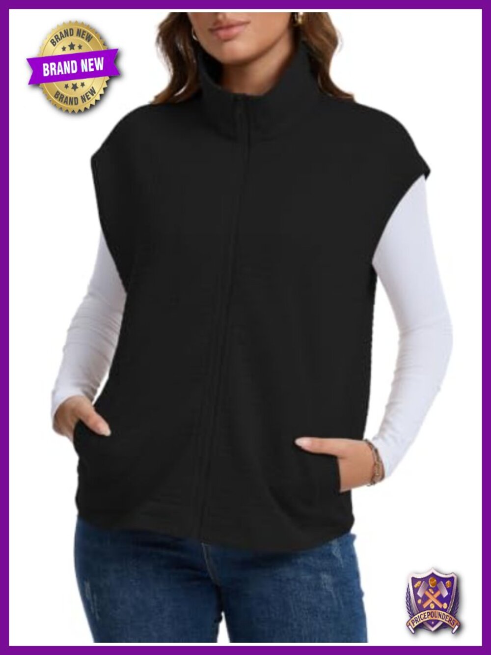 Waffle Knit Zip Up Vest Cap Sleeve Layering Top with Pockets